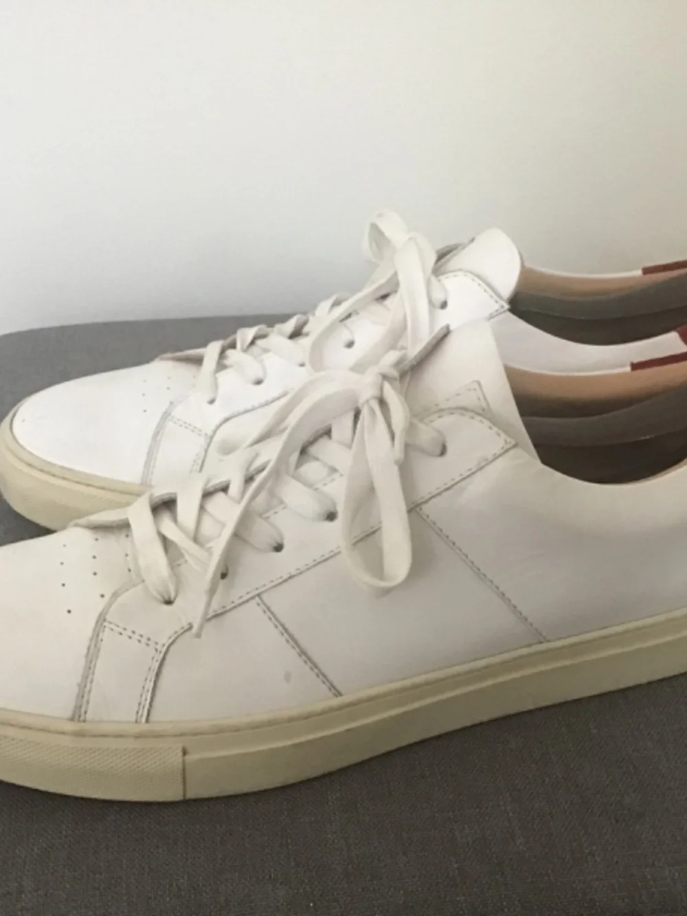Greats Brooklyn athletic shoes white and red trim all leather made in Italy